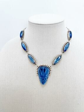 Hecho En Mexico Vintage Sterling Silver Blue Glass Statement Necklace